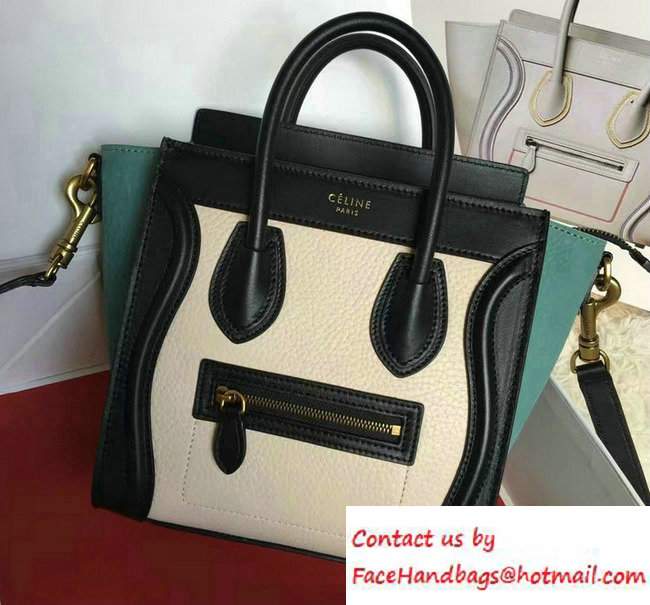 Celine Luggage Nano Tote Bag in Original Leather Black/Grained Beige/Crinkle Ice Green 2016 - Click Image to Close