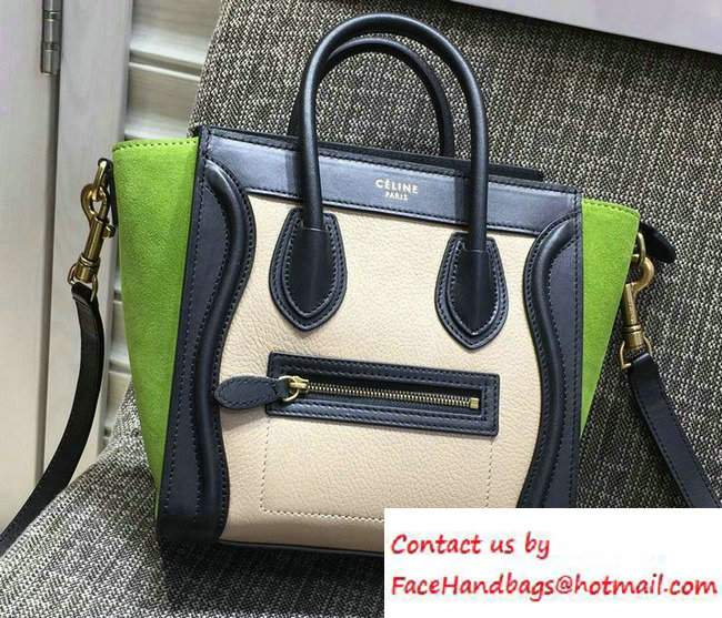 Celine Luggage Nano Tote Bag in Original Leather Black/Grained Beige/Suede Green 2016 - Click Image to Close
