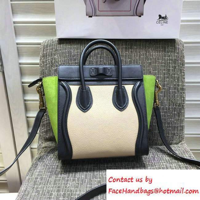 Celine Luggage Nano Tote Bag in Original Leather Black/Grained Beige/Suede Green 2016 - Click Image to Close