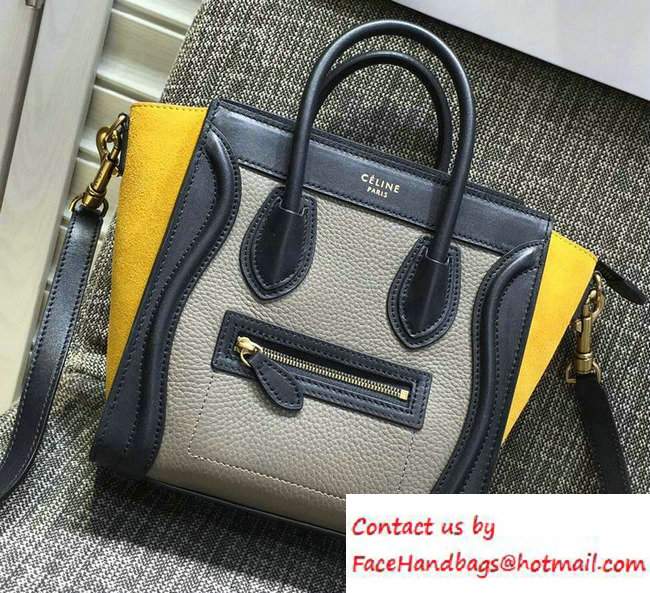 Celine Luggage Nano Tote Bag in Original Leather Black/Grained Gray/Suede Yellow 2016 - Click Image to Close
