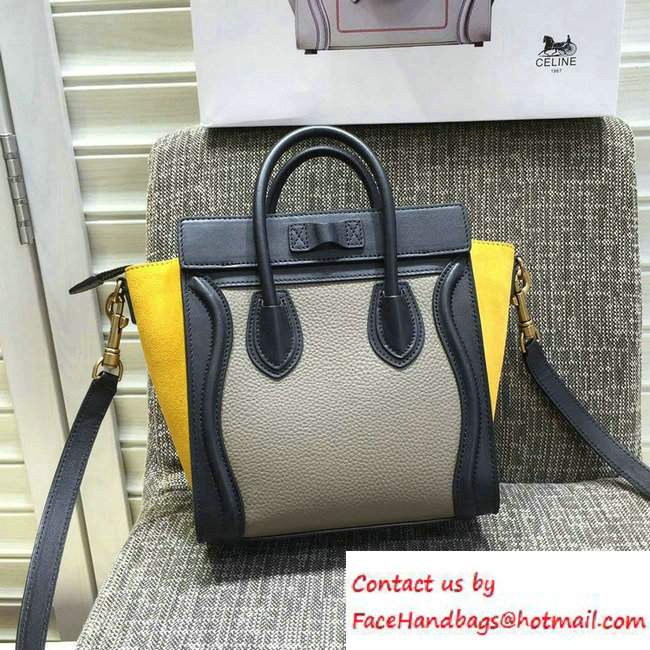 Celine Luggage Nano Tote Bag in Original Leather Black/Grained Gray/Suede Yellow 2016