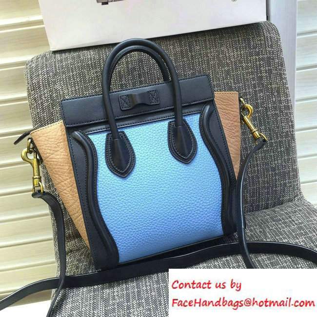 Celine Luggage Nano Tote Bag in Original Leather Black/Grained Sky Blue/Crinkle Apricot 2016
