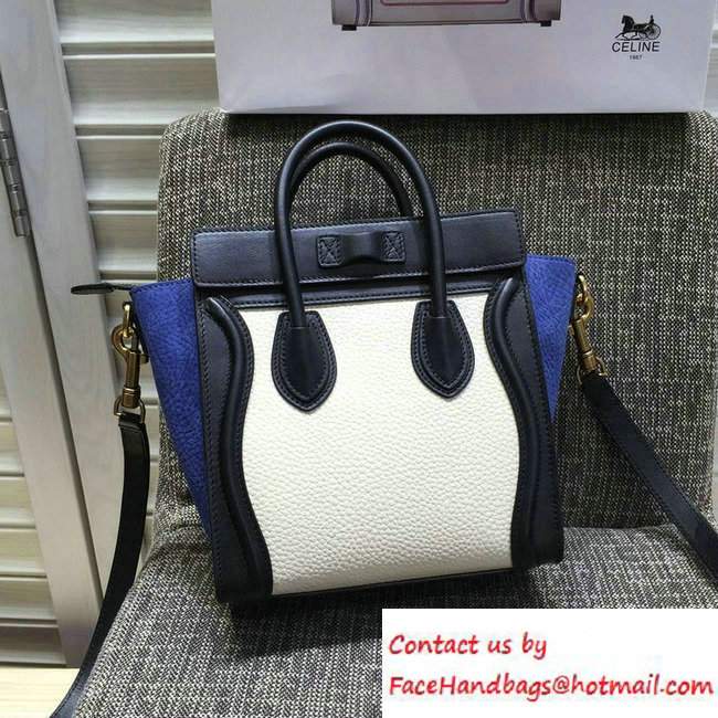 Celine Luggage Nano Tote Bag in Original Leather Black/Grained White/Crinkle Blue 2016 - Click Image to Close