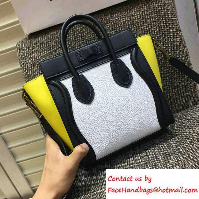 Celine Luggage Nano Tote Bag in Original Leather Black/Grained White/Yellow 2016 - Click Image to Close
