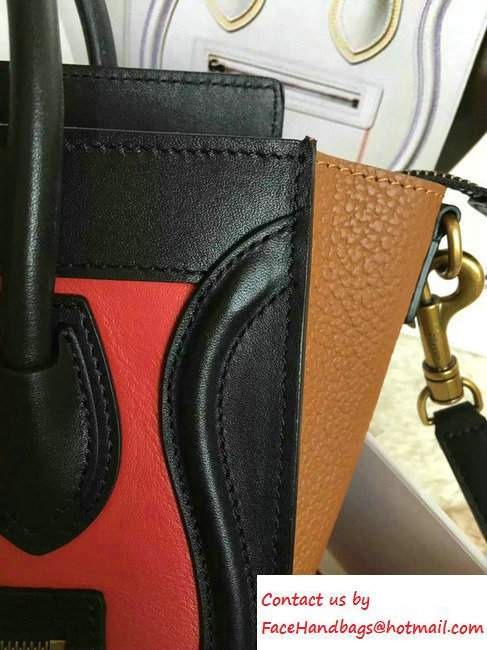 Celine Luggage Nano Tote Bag in Original Leather Black/Peach/Crinkle Khaki 2016
