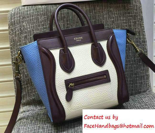 Celine Luggage Nano Tote Bag in Original Leather Burgundy/Grained White/Grained Sky Blue 2016