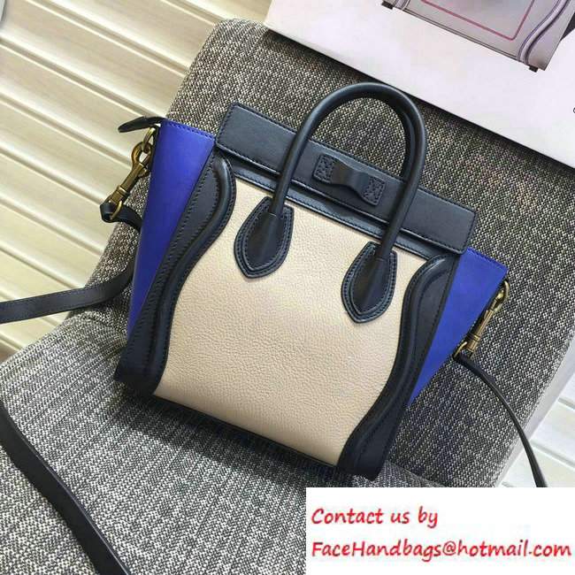 Celine Luggage Nano Tote Bag in Original Leather Navy Blue/Grained Beige/Blue 2016 - Click Image to Close