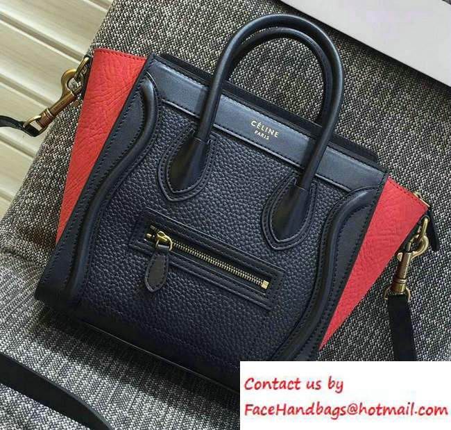 Celine Luggage Nano Tote Bag in Original Leather Navy Blue/Grained Black/Crinkle Red 2016 - Click Image to Close