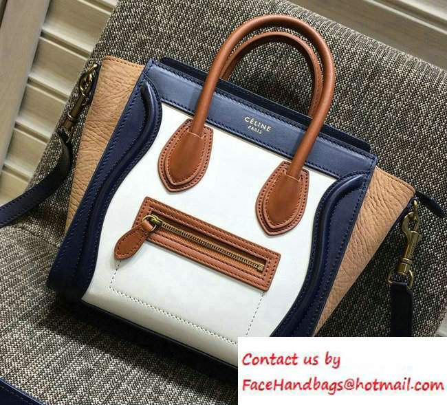 Celine Luggage Nano Tote Bag in Original Leather Navy Blue/White/Crinkle Apricot 2016