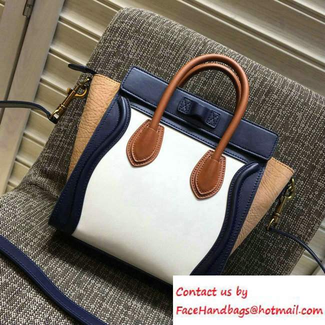 Celine Luggage Nano Tote Bag in Original Leather Navy Blue/White/Crinkle Apricot 2016