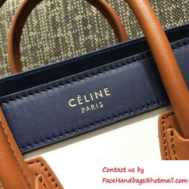 Celine Luggage Nano Tote Bag in Original Leather Navy Blue/White/Grained Khaki 2016