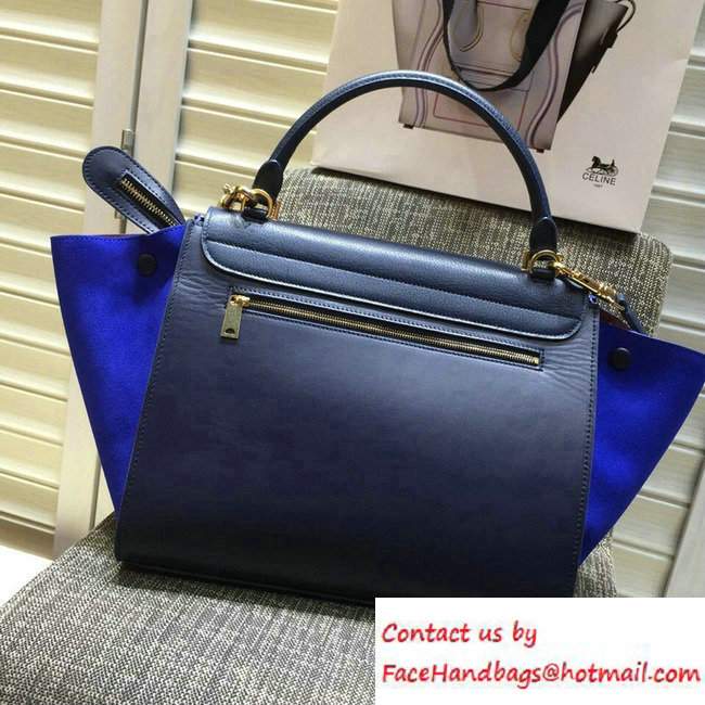Celine Trapeze Small/Medium Tote Bag in Original Leather Grained/Black/Suede Blue 2016 - Click Image to Close