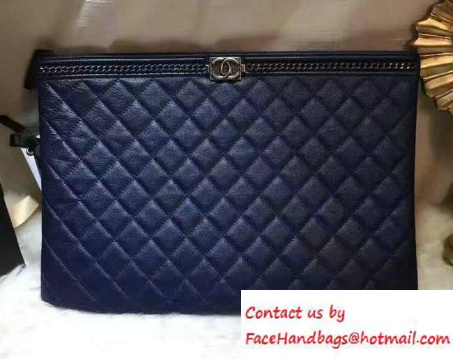 Chanel Calfskin Chain Boy Zip Pouch Clutch Large Bag A80571 Blue 2016 - Click Image to Close