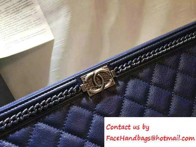 Chanel Calfskin Chain Boy Zip Pouch Clutch Large Bag A80571 Blue 2016