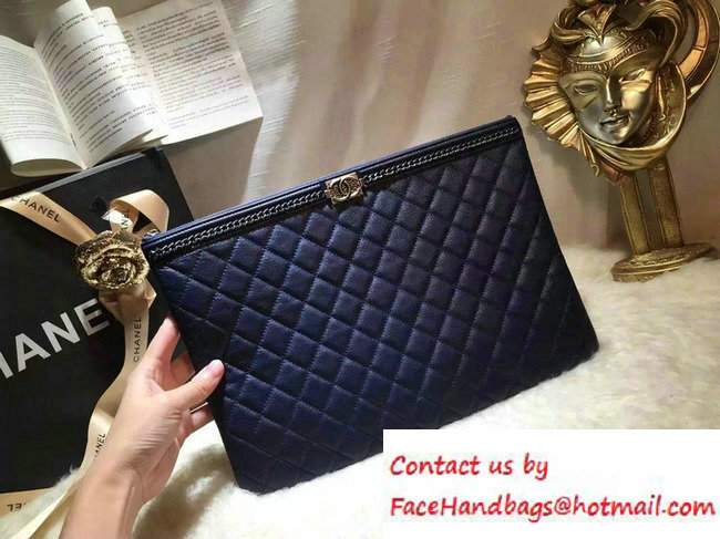 Chanel Calfskin Chain Boy Zip Pouch Clutch Large Bag A80571 Blue 2016