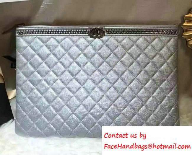 Chanel Calfskin Chain Boy Zip Pouch Clutch Large Bag A80571 Silver 2016 - Click Image to Close