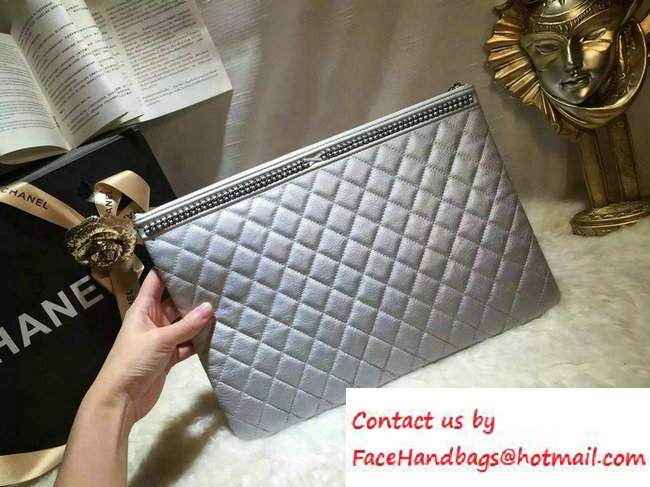 Chanel Calfskin Chain Boy Zip Pouch Clutch Large Bag A80571 Silver 2016 - Click Image to Close