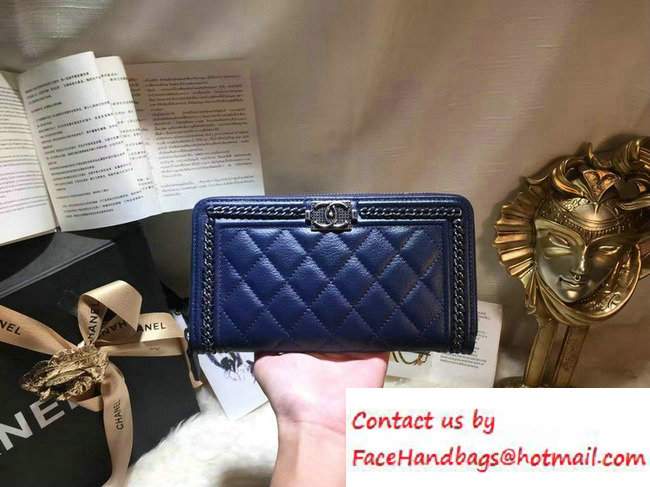 Chanel Calfskin Chain Boy Zip Wallet Blue 2016