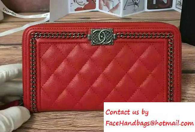 Chanel Calfskin Chain Boy Zip Wallet Red 2016 - Click Image to Close