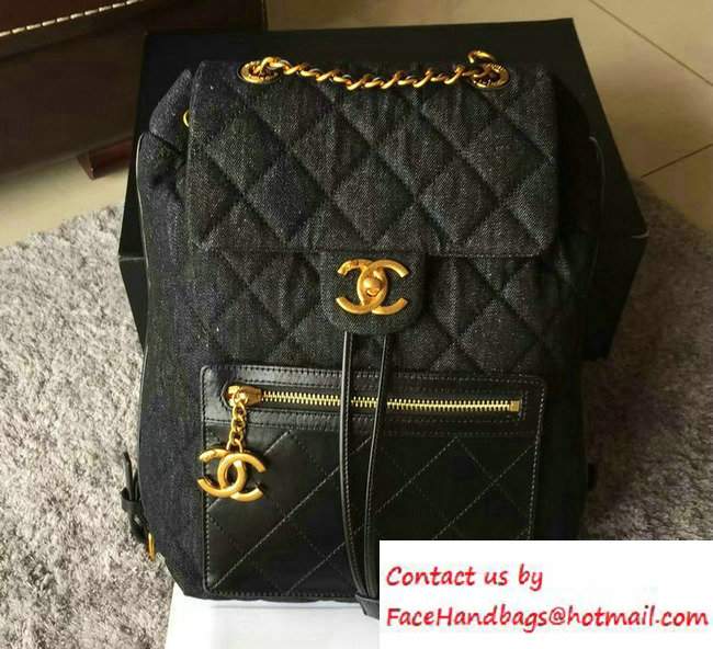 Chanel Calfskin/Light Gold Metal Backpack Bag A93563 Denim Black 2016 - Click Image to Close