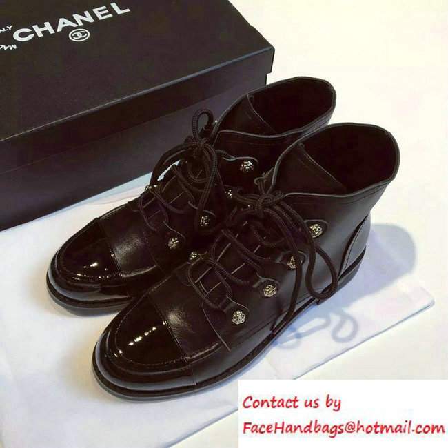 Chanel Camellias Patent and Calfskin Lace-ups Shoes Black 2016 - Click Image to Close