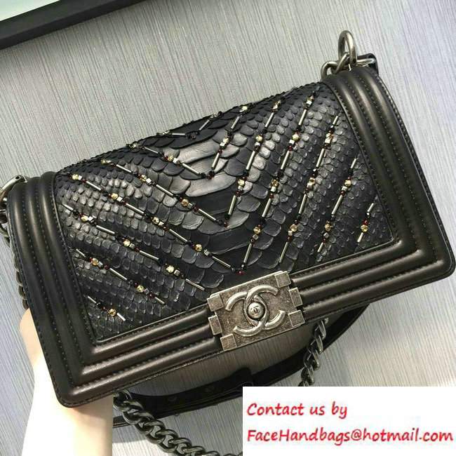 Chanel Chevron Embellished Python Boy Flap Medium Bag Black 2016
