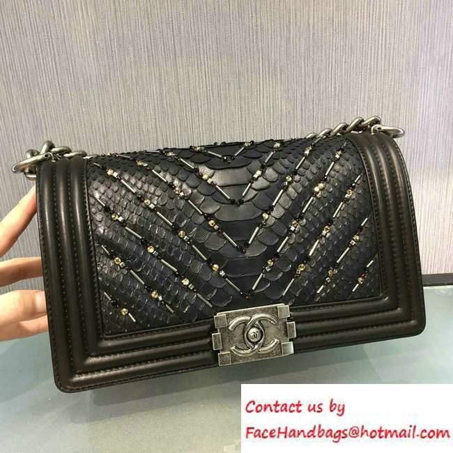 Chanel Chevron Embellished Python Boy Flap Medium Bag Black 2016