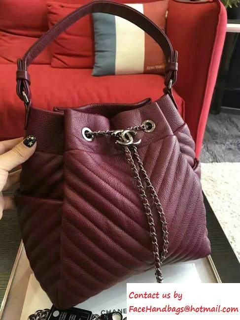 Chanel Deer Leather Chevron Drawstring Bag A91273 Burgundy 2016 - Click Image to Close