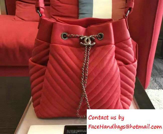 Chanel Deer Leather Chevron Drawstring Bag A91273 Red 2016 - Click Image to Close
