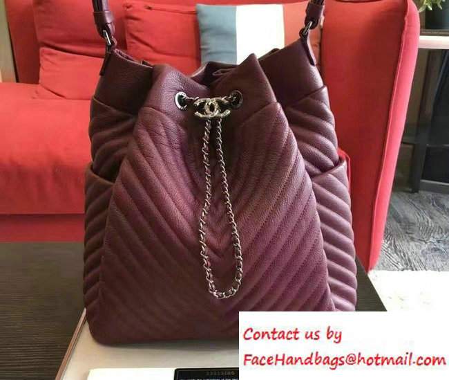 Chanel Deer Leather Chevron Drawstring Bag A91277 Burgundy 2016