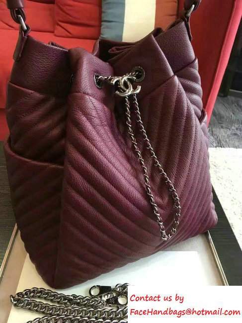 Chanel Deer Leather Chevron Drawstring Bag A91277 Burgundy 2016 - Click Image to Close