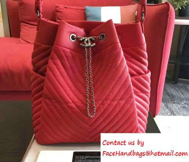 Chanel Deer Leather Chevron Drawstring Bag A91277 Red 2016 - Click Image to Close