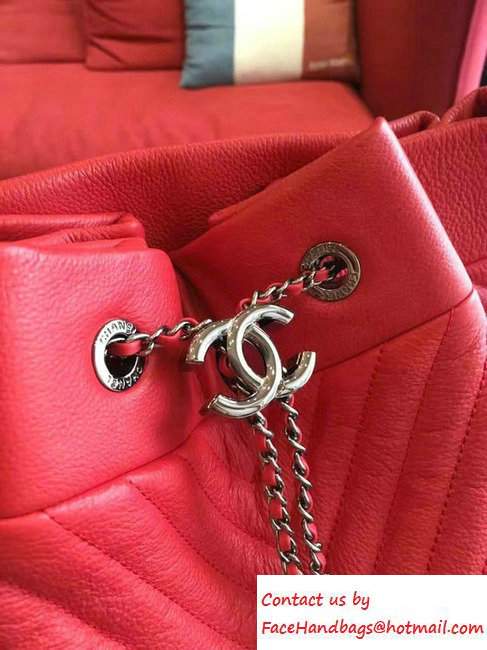 Chanel Deer Leather Chevron Drawstring Bag A91277 Red 2016