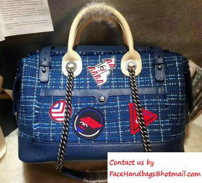 Chanel Grained Calfskin Tweed and Crests Bowling Bag A93310 Blue 2016 - Click Image to Close