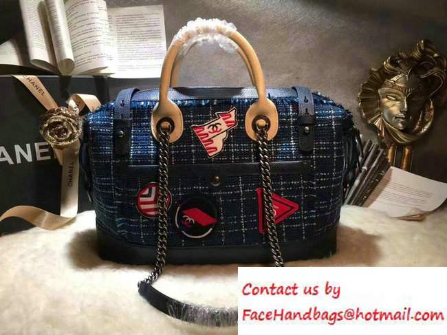 Chanel Grained Calfskin Tweed and Crests Bowling Bag A93310 Blue 2016