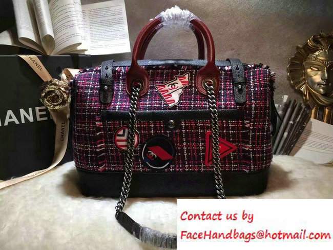 Chanel Grained Calfskin Tweed and Crests Bowling Bag A93310 Red 2016