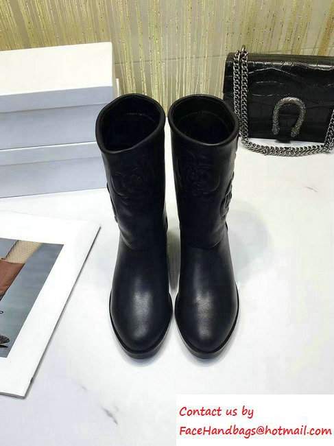 Chanel Heel 4cm Camellia Calfskin Short Boots Black 2016 - Click Image to Close