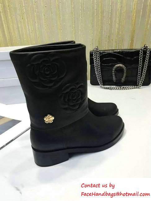 Chanel Heel 4cm Camellia Calfskin Short Boots Black 2016