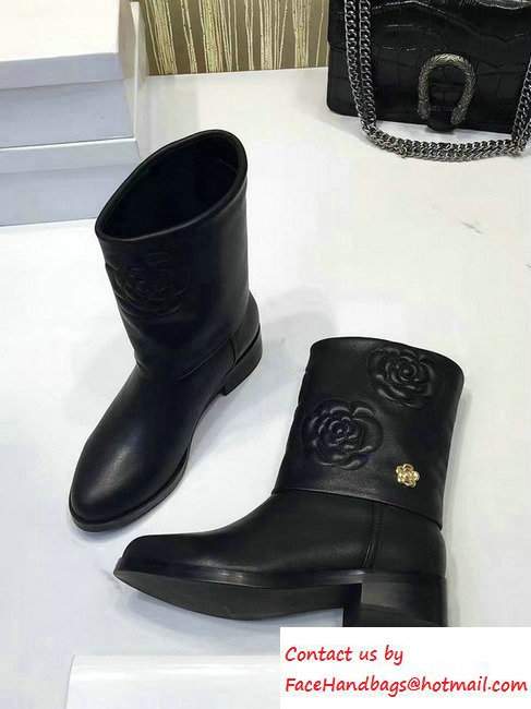 Chanel Heel 4cm Camellia Calfskin Short Boots Black 2016
