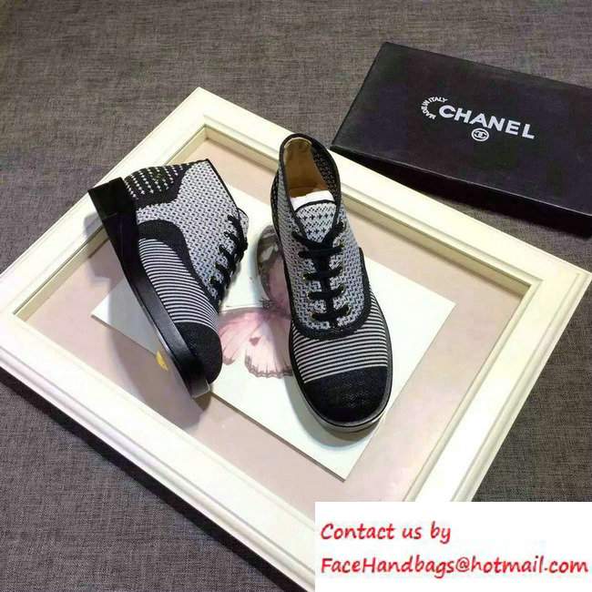 Chanel Jersey Lace-ups Shoes Black/White 2016 - Click Image to Close