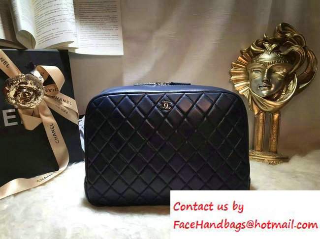 Chanel Lambskin Cosmetic Pouch Large Bag Navy Blue 2016