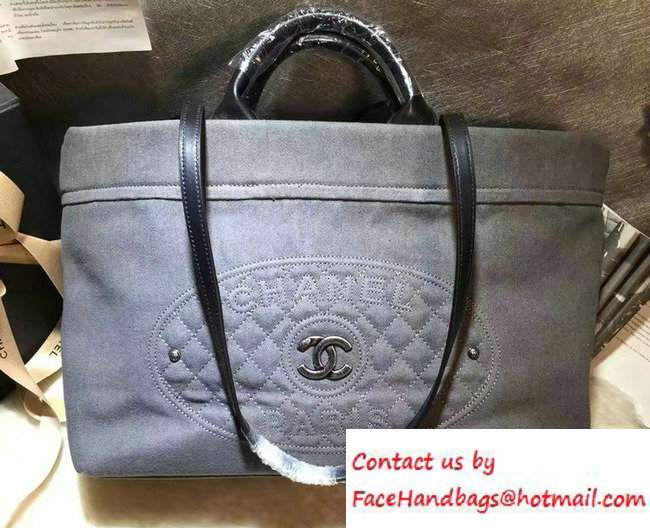 Chanel Logo Printed CC Deauville Tote Bag Washed Denim Gray 2016 - Click Image to Close