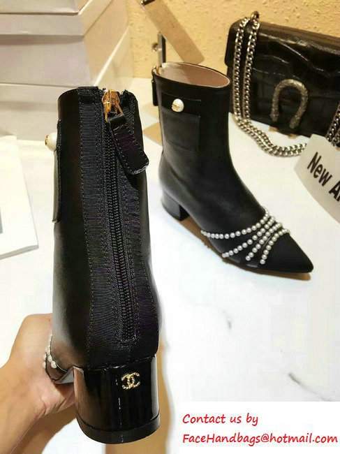 Chanel Pearl Around Calfskin and Grosgrain Short Boots G31903 Black 2016 - Click Image to Close