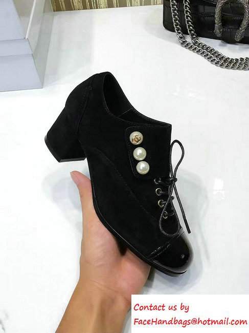 Chanel Pearl Suede and Patent Calfskin Lace-ups Shoes G31994 Black 2016 - Click Image to Close