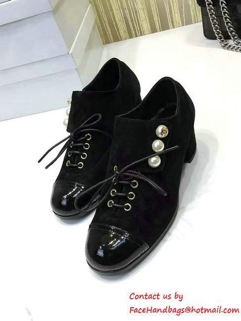 Chanel Pearl Suede and Patent Calfskin Lace-ups Shoes G31994 Black 2016 - Click Image to Close