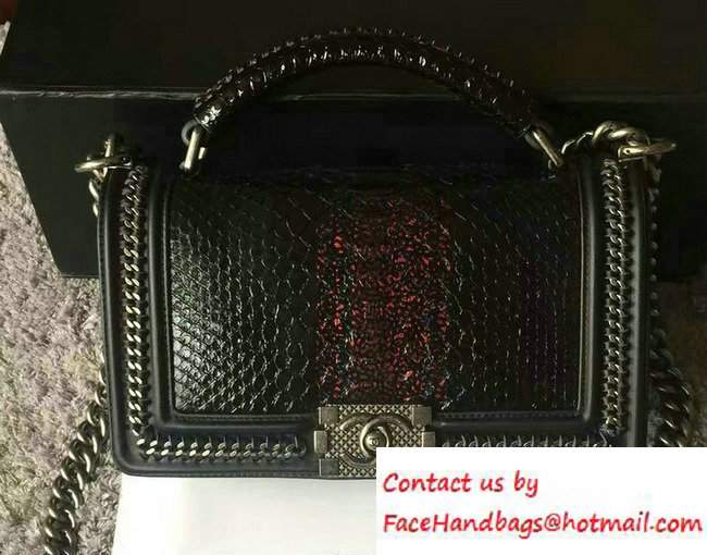 Chanel Python Chain Top Handle Boy Flap Medium Bag A94804 Black/Red 2016 - Click Image to Close
