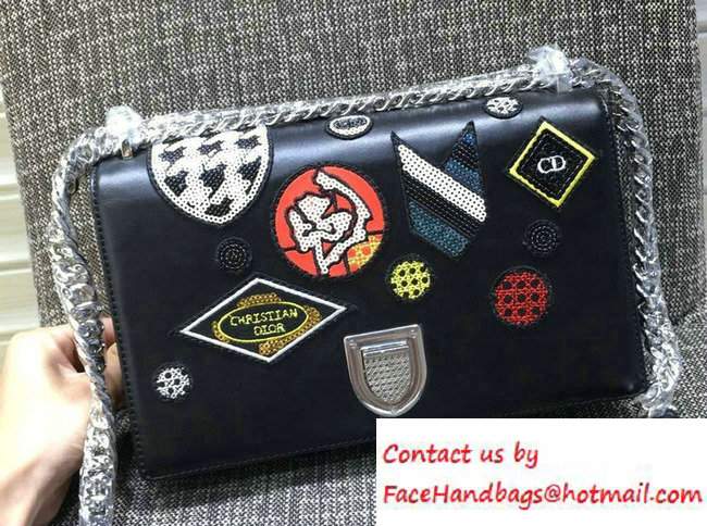 Dior Badge and Sequins Calfskin Diorama Flap Bag Black 2016