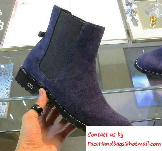 Dior Calfskin Heel 2.5cm Rhinestone Ankle Boots Suede Dark Blue Fall 2016