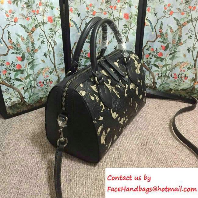 Gucci Arabesque GG Supreme and Leather Top Handle Small Boston Bag 409529 Black 2016 - Click Image to Close