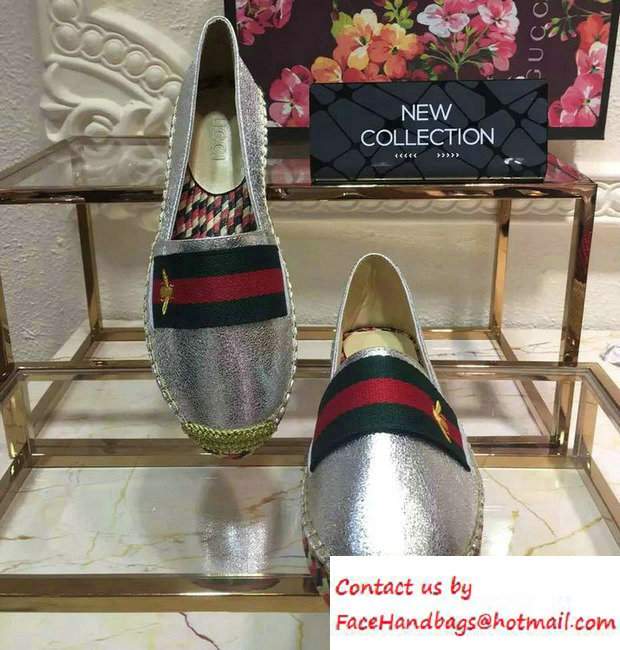 Gucci Bee Metallic Laminate Leather Web Espadrille 414995 Silver 2016 - Click Image to Close